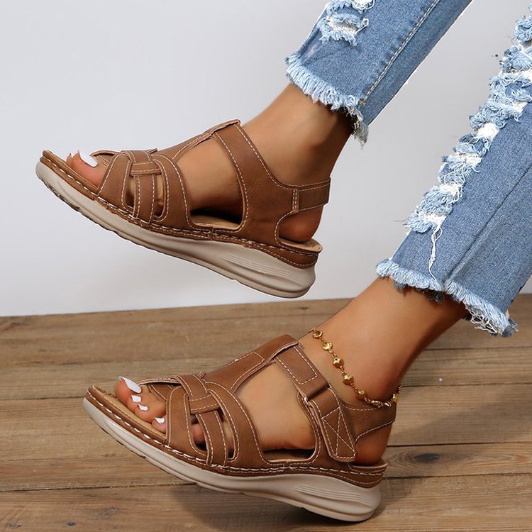 Damen Komfort-Sandalen mit Soft-Leder, geflochtenem Vorderblatt und verstellbarem Klettverschluss Drune