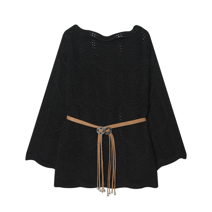 Damen nan gestricktes Poncho-Cape mit dekorativem Lederbandgürtel Drune
