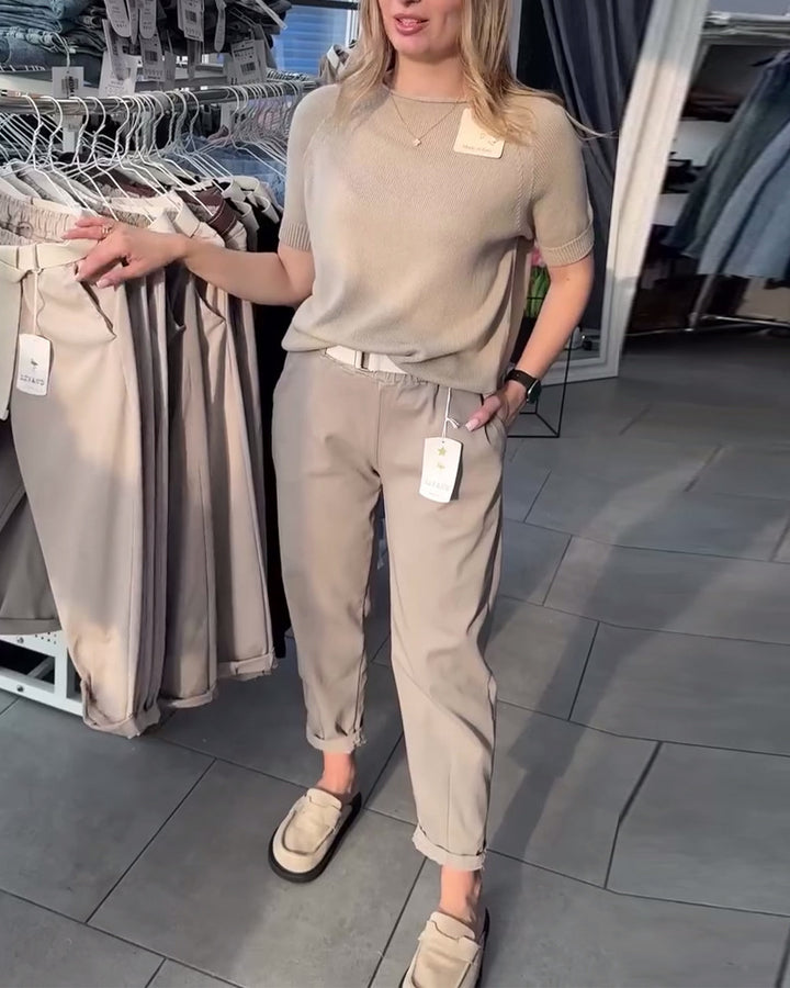 Damen nan lässige Baumwoll-Chino mit elastischem Komfortbund, Umschlag und Ziergürtel Drune