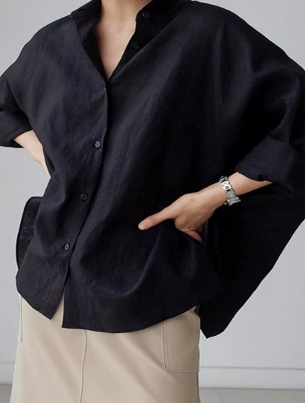 Damen Oversize-Leinenbluse mit geraffter Rückenpasse und krempelbaren Ärmeln Drune