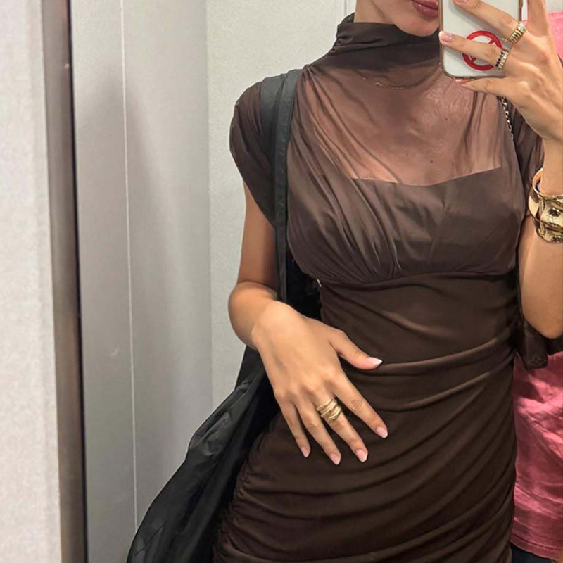 Damen Elegantes Maxikleid mit transparentem Oberteil und figurbetonendem Unterbau Drune