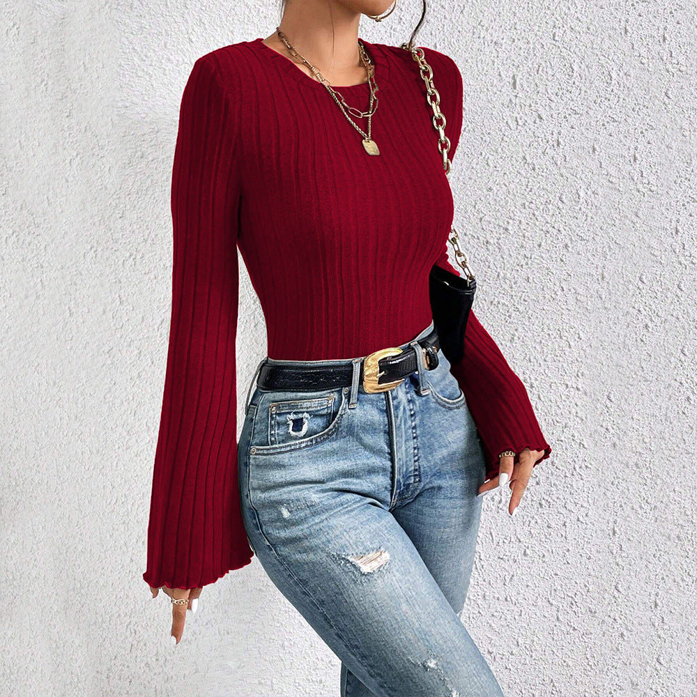 Damen Langarmshirt mit elegantem Rippdesign und ausgestellten Ärmeln Drune