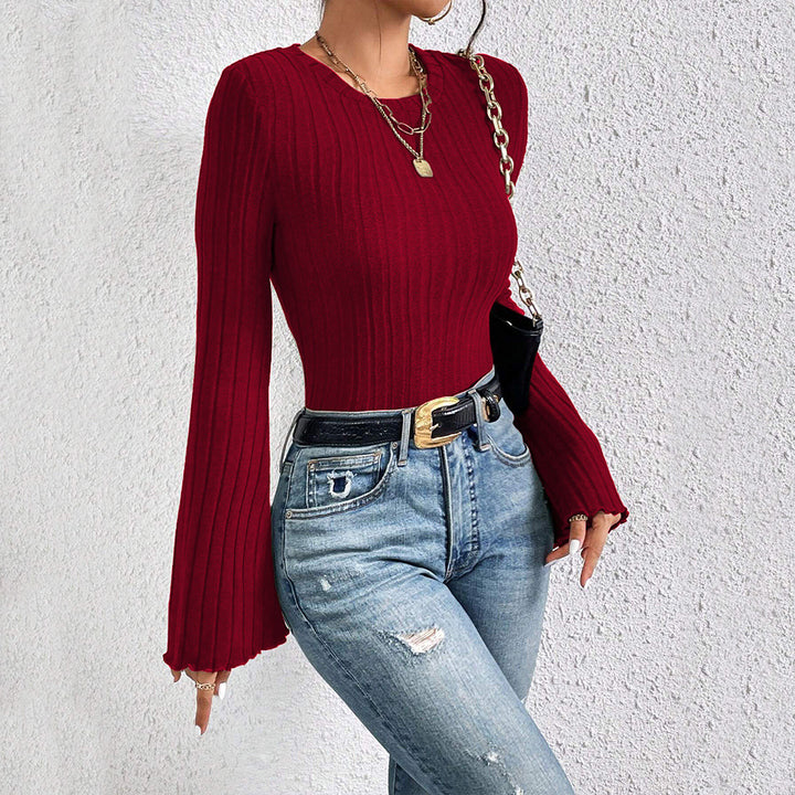 Damen Langarmshirt mit elegantem Rippdesign und ausgestellten Ärmeln Drune