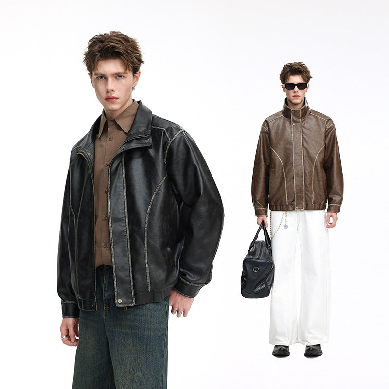 Herren Lederoptik-Blouson mit Stehkragen, Reißverschluss und Ziernähten Drune