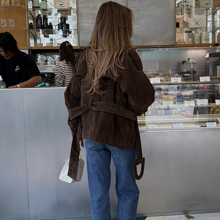 Damen Kunstlederjacke mit modischem Wickeldesign und breiten Ärmeln Drune