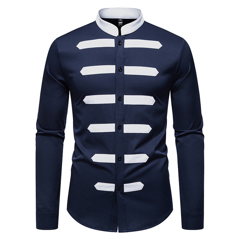 Herren Slim-Fit Hemd mit Stehkragen und dekorativen Paspelstreifen Drune