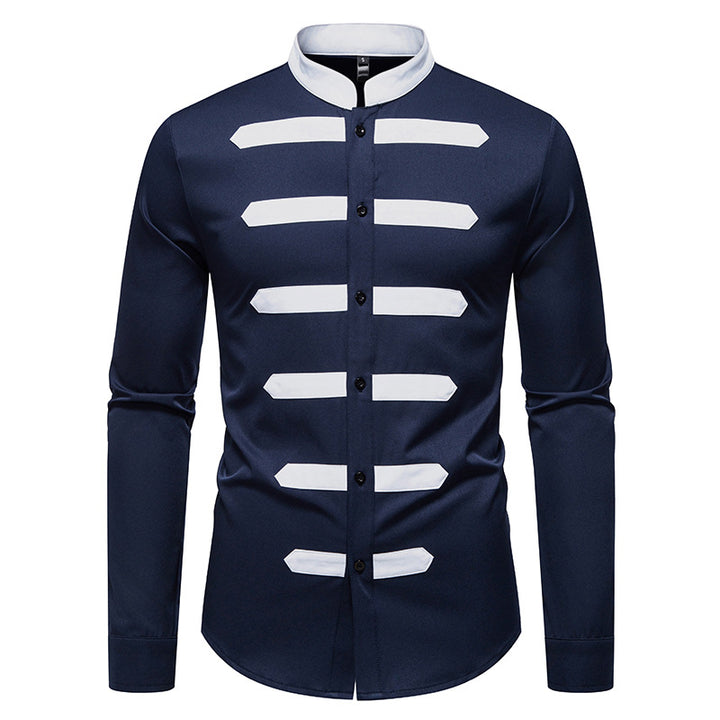 Herren Slim-Fit Hemd mit Stehkragen und dekorativen Paspelstreifen Drune