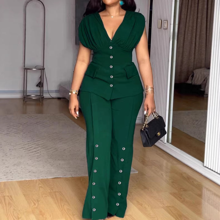 Damen Elegantes Jumpsuit mit drapiertem Oberteil und dekorativen Knöpfen Drune