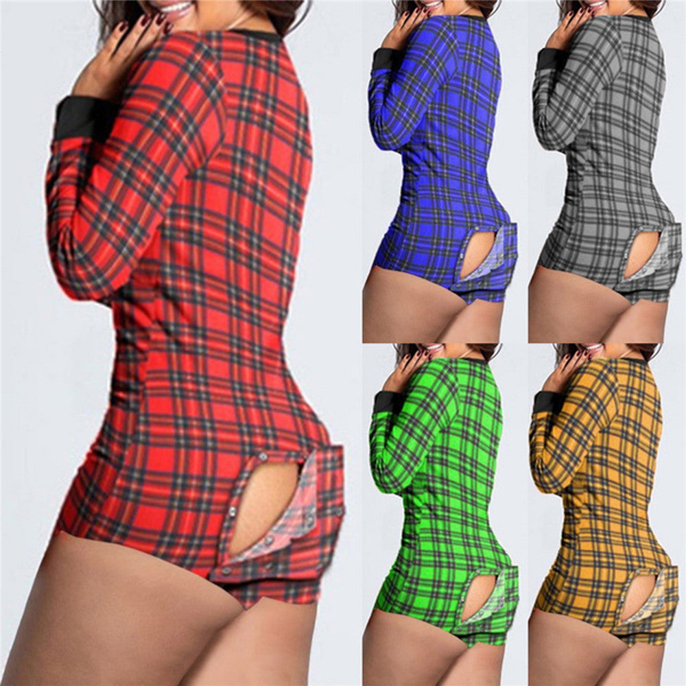 Damen Karierter Longsleeve-Body mit praktischer Rückenöffnung & Druckknopf-Slip Drune