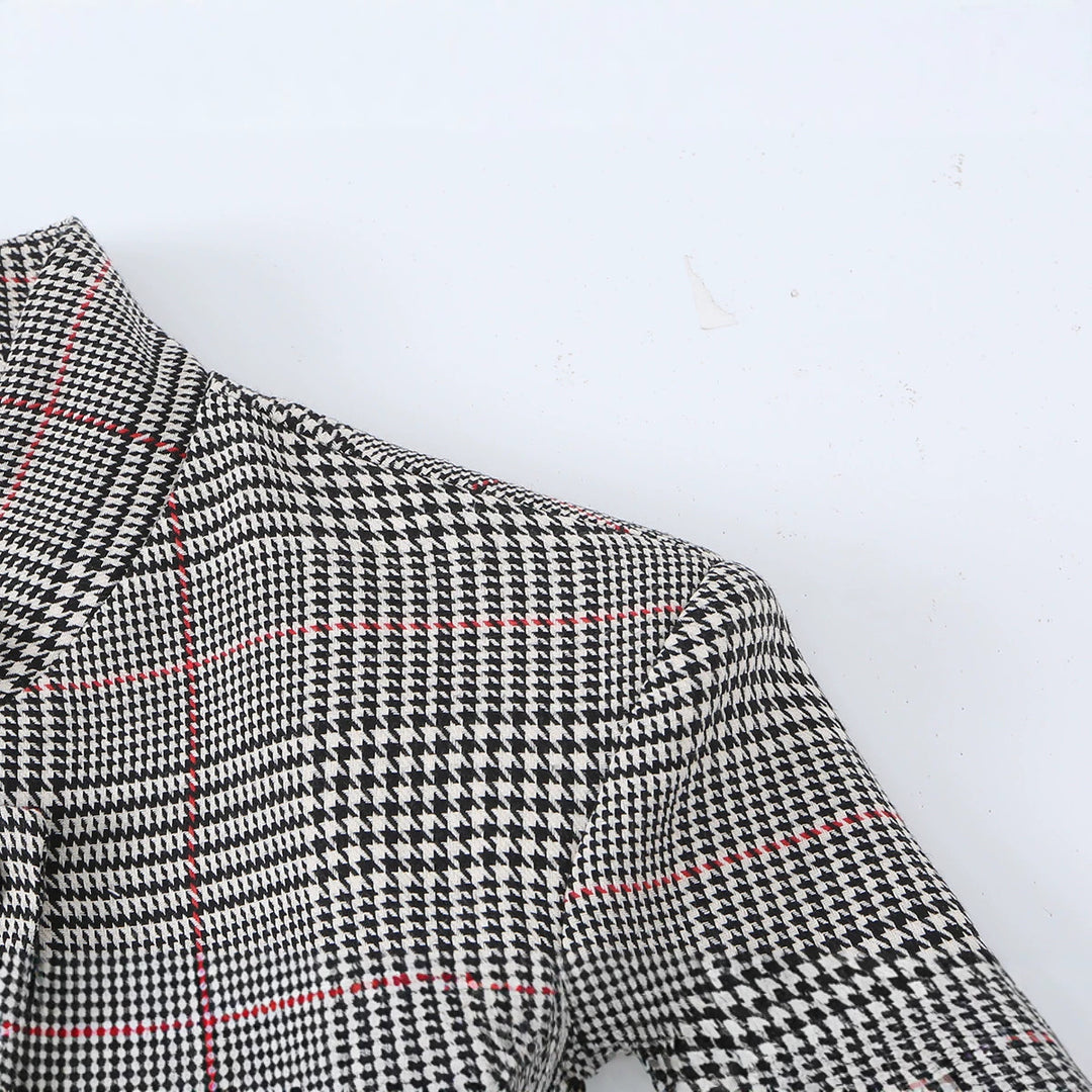 Damen Glencheck-Kurzblazer im Boxy-Schnitt mit Stehkragen und verdeckter Knopfleiste Drune