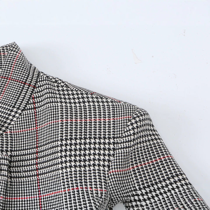 Damen Glencheck-Kurzblazer im Boxy-Schnitt mit Stehkragen und verdeckter Knopfleiste Drune