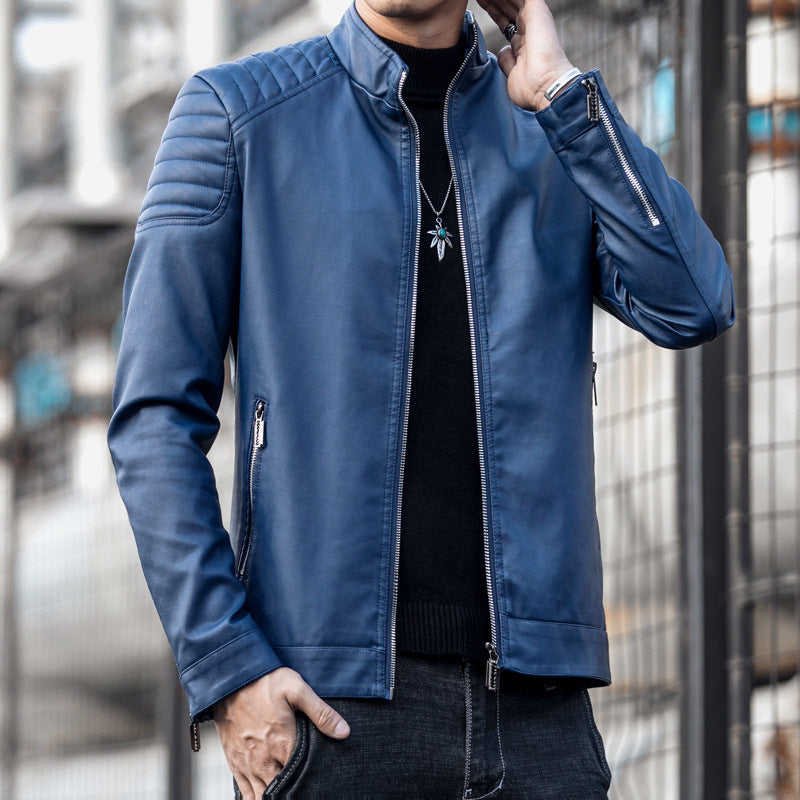 Herren Schmale Kunstleder‑Fliegerjacke mit gepolsterten Schultersteppungen und Stehkragen Drune