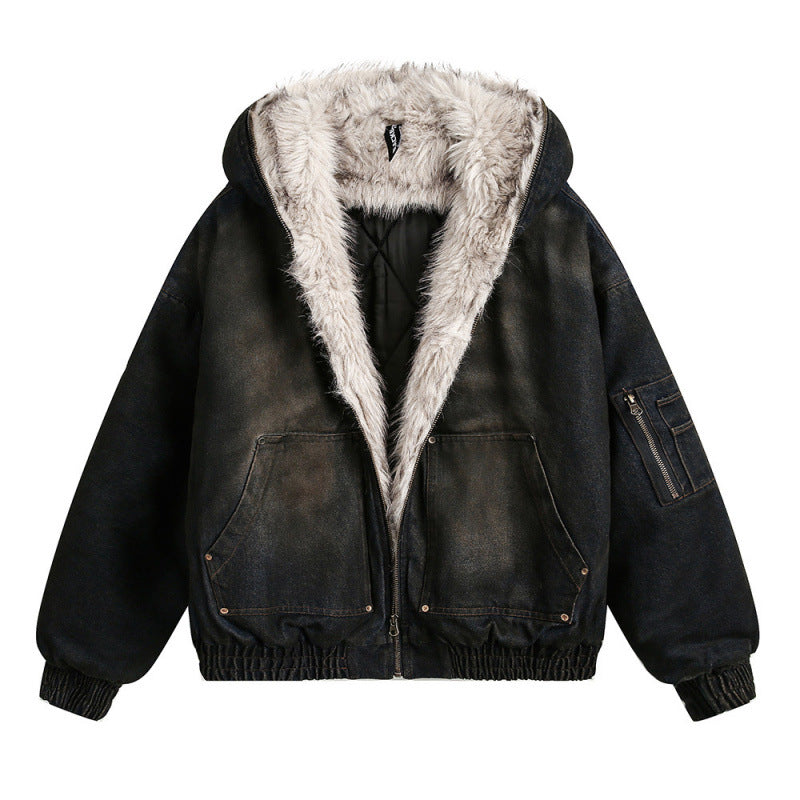 Herren Gefütterte Bomberjacke mit Teddyfutter, Kapuze und Used-Finish Drune