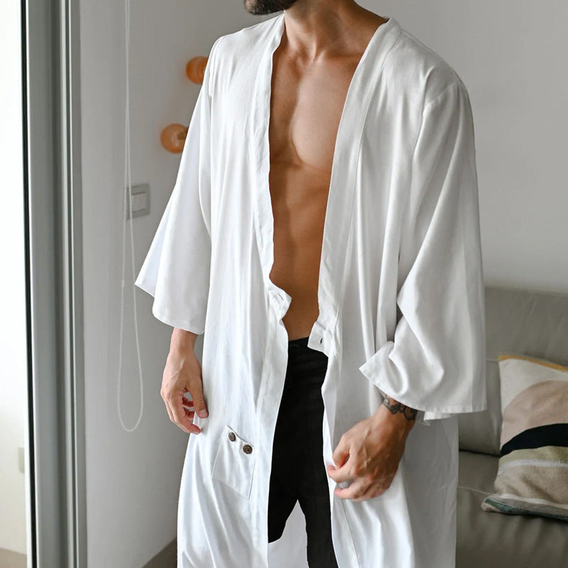 Herren langer Kimono-Hausmantel aus leichter Viskose mit weiten 3/4-Ärmeln Drune