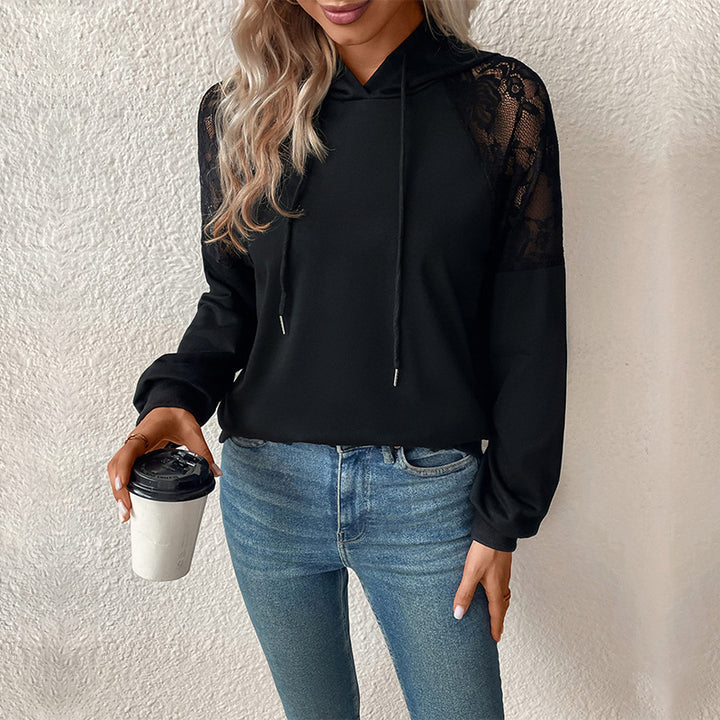 Damen Kapuzenpullover mit Spitzen-Schultereinsatz, Raglanärmeln und legerer Passform Drune