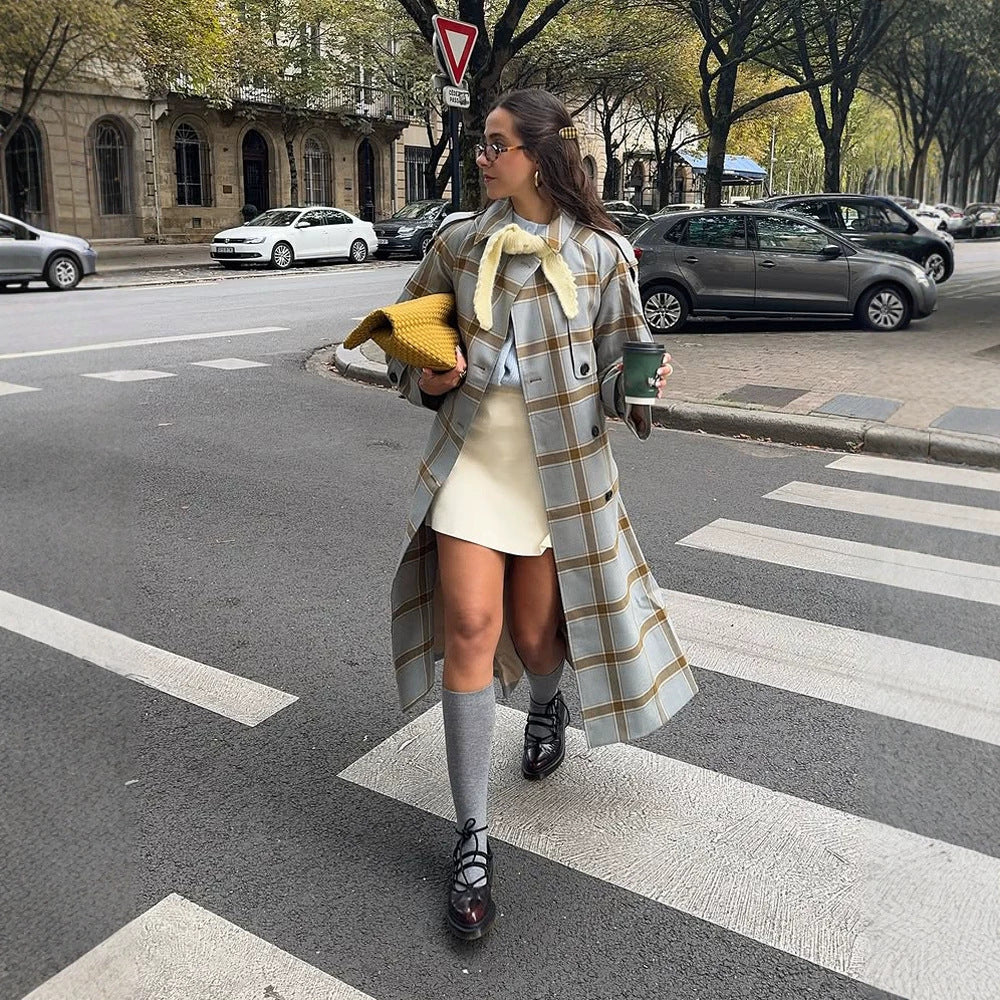 Damen langer kariierter Mantel im Trenchcoat-Stil mit doppelter Knopfleiste Drune