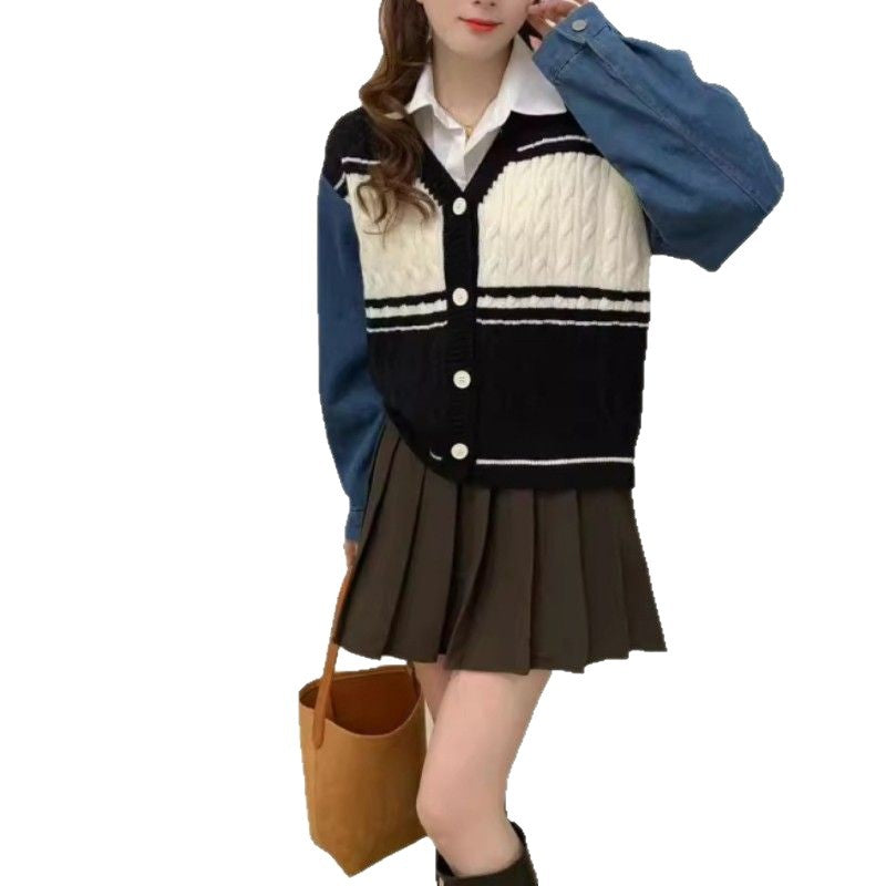 Damen Modische Strickjacke mit Denim-Ärmeln Drune