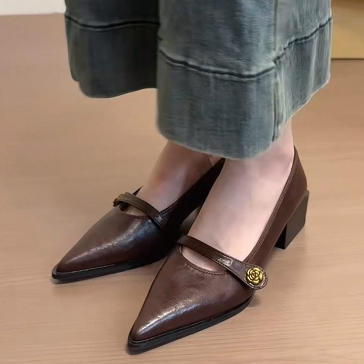 Damen Bequeme spitz zulaufende Ballerinas mit dekorativem Riemchen und Blockabsatz Drune