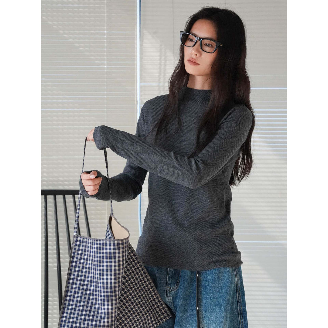 Damen Feiner Rippstrick-Pullover mit Stehkragen und Daumenlöchern Drune