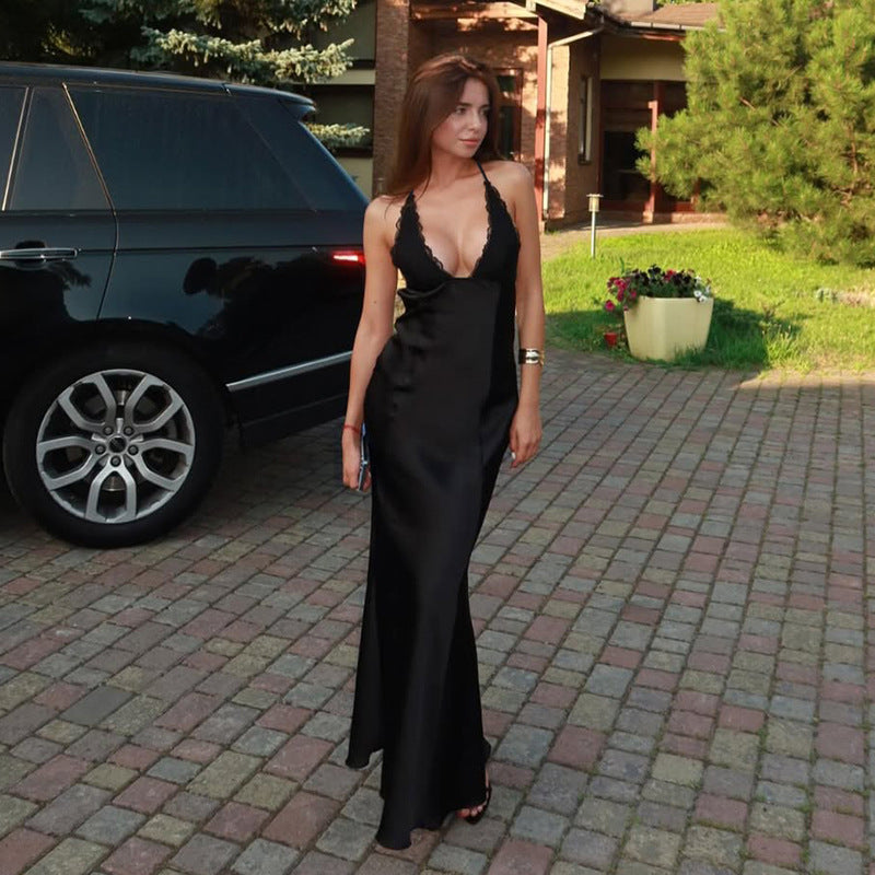Damen elegantes langes Kleid mit verführerischem Spitzendetail und tiefem Ausschnitt Drune