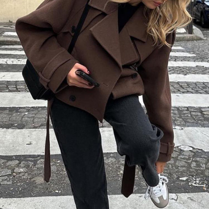 Damen Kurz geschnittener Oversize-Wollmix-Peacoat mit weitem Revers und Bindegürtel Drune