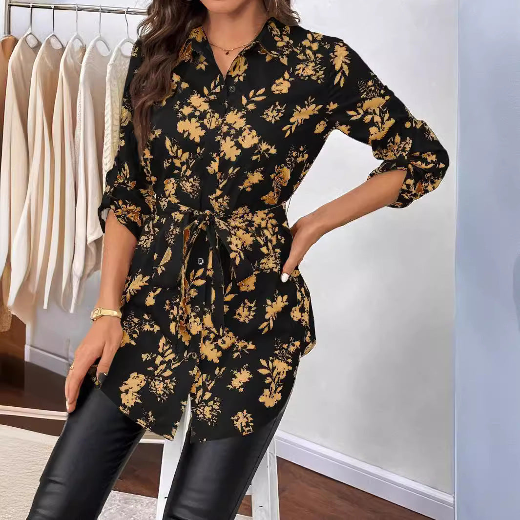 Damen nan lockere Hemdblusen-Tunika mit floralem Allover-Print, Bindegürtel und Krempelärmeln Drune