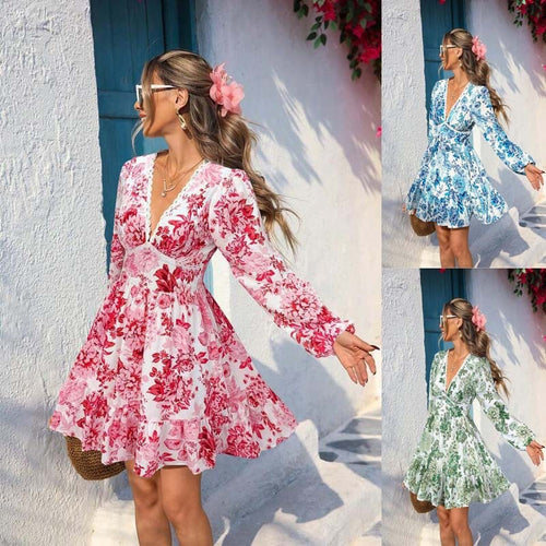 Damen Florales Wickelkleid mit V‑Ausschnitt, geraffter Empire‑Taille und Volantrock Drune