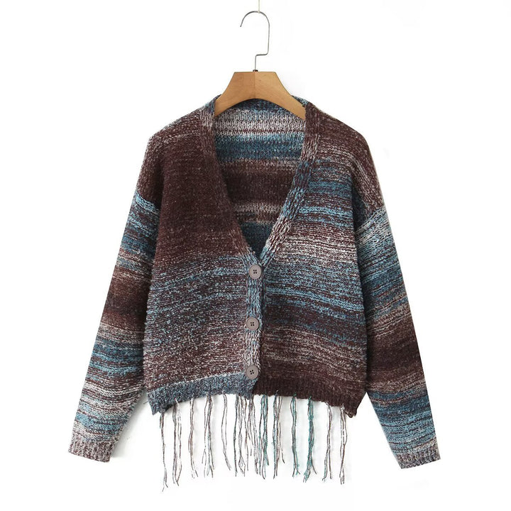 Damen Langärmliger Strickcardigan mit Fransen Drune