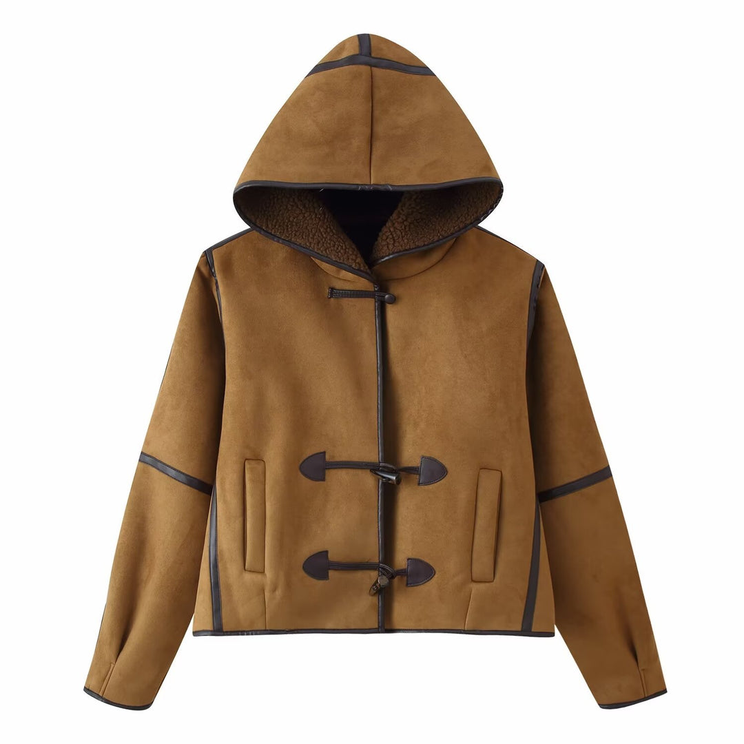 Damen elegante Kunstlederjacke mit Kapuze und warmem Innenfutter Drune