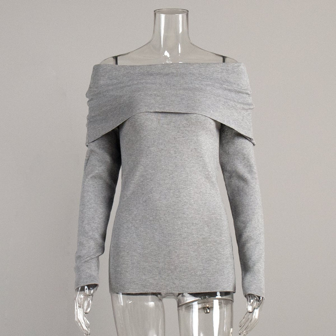 Damen schulterfreier Feinstrick-Pullover mit umlegbarem Carmenkragen Drune