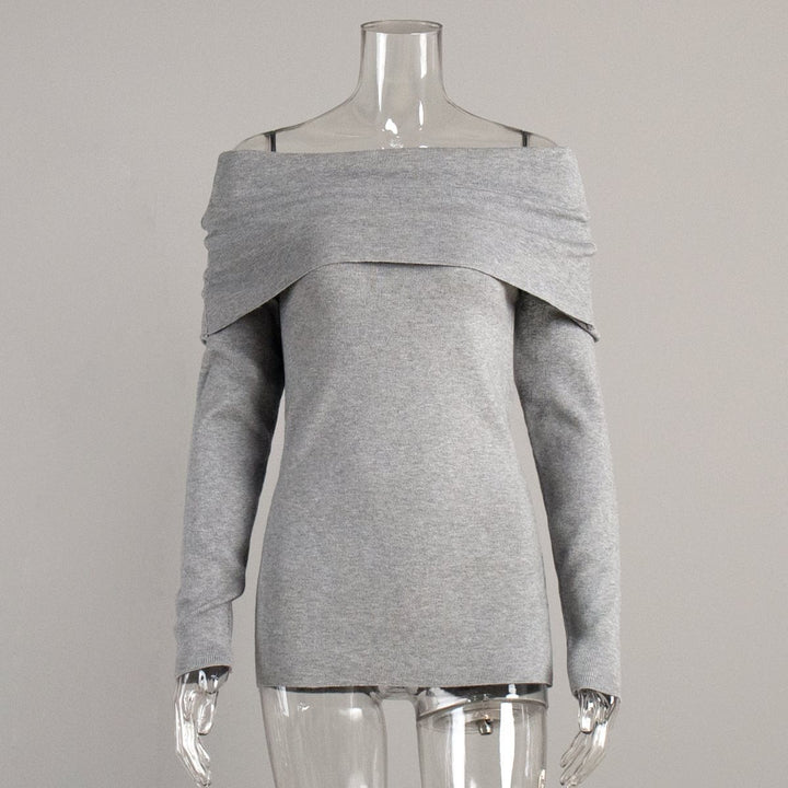 Damen schulterfreier Feinstrick-Pullover mit umlegbarem Carmenkragen Drune