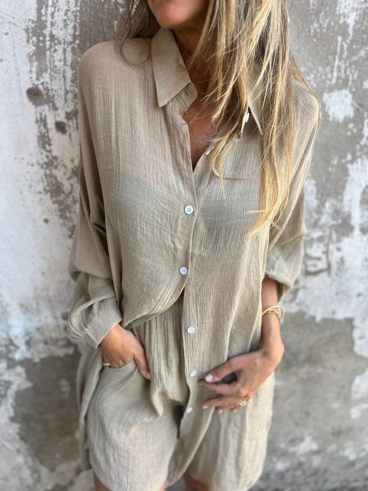 Damen Langärmlige Hemdbluse im Oversize-Stil mit Knopfleiste Drune