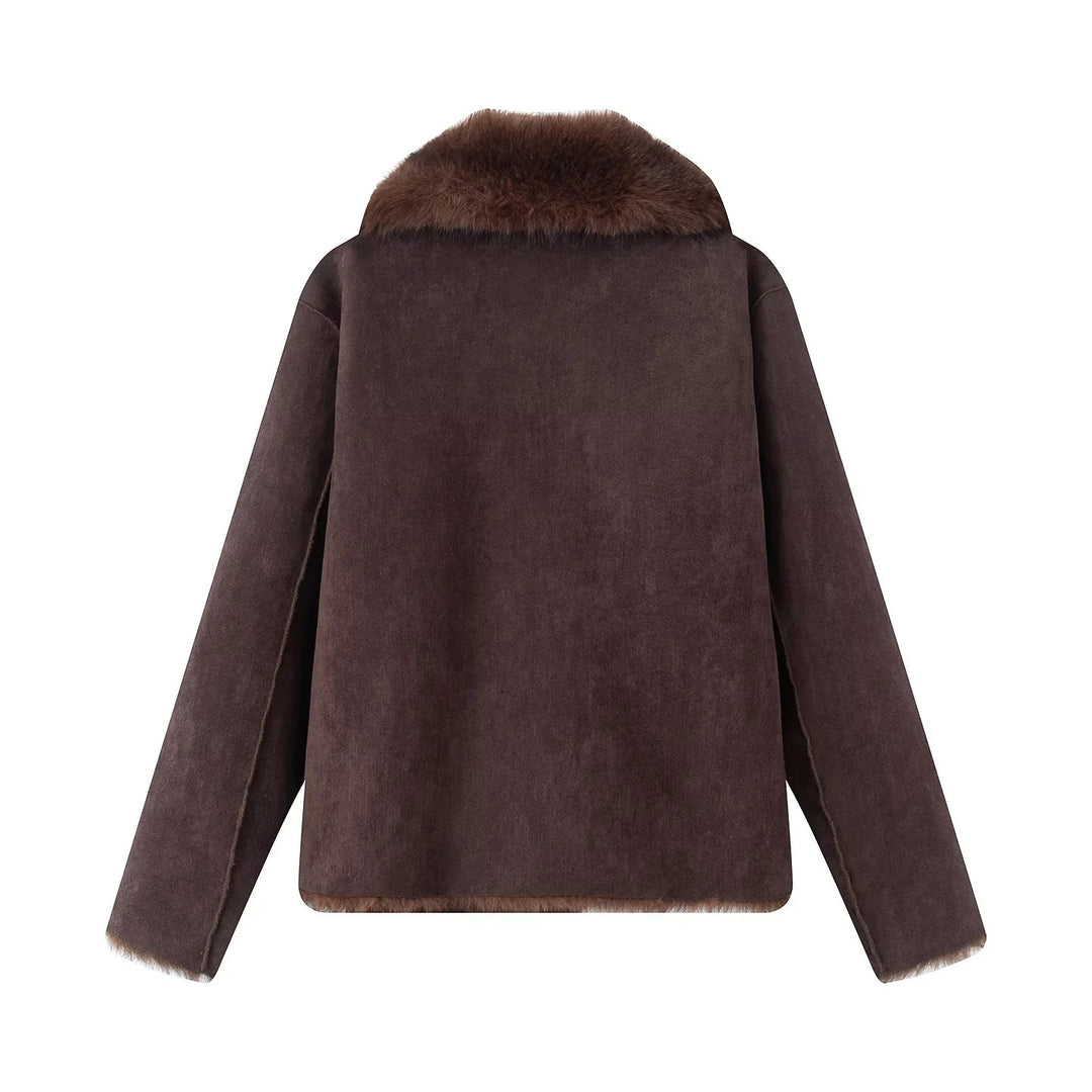 Damen nan kurze Lammfelloptik-Jacke mit voluminösem Schalkragen und verdeckter Knopfleiste Drune