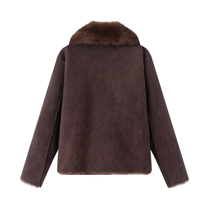 Damen nan kurze Lammfelloptik-Jacke mit voluminösem Schalkragen und verdeckter Knopfleiste Drune