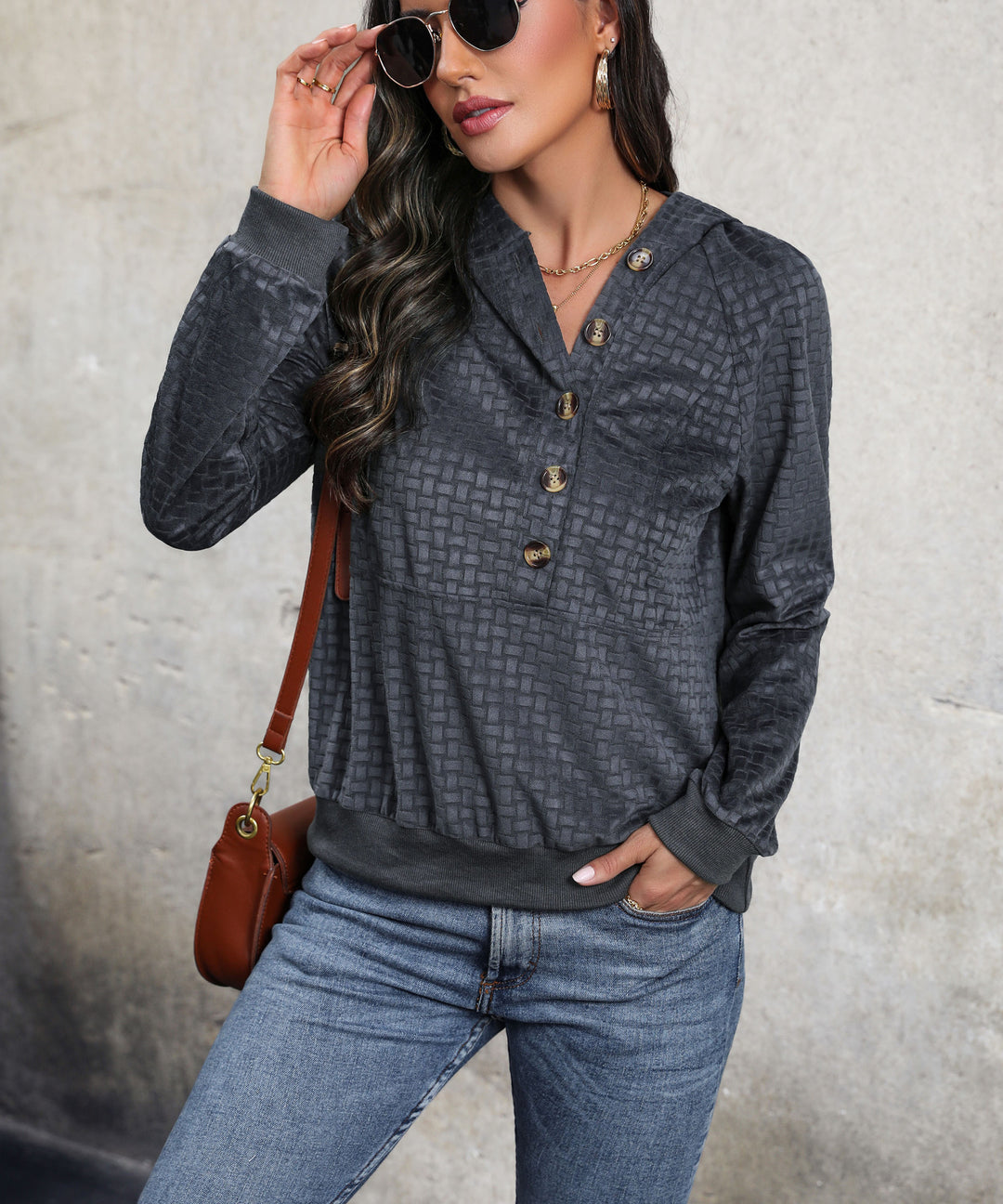 Damen Texturierter Kapuzenpullover mit Knopfleiste und Strukturmuster Drune