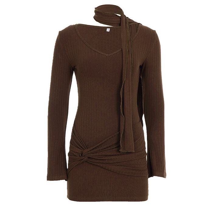 Damen Enganliegendes Rippstrick-Minikleid mit Knoten-Detail und Schlauchschal Drune
