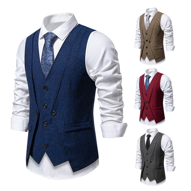 Herren Elegante Fischgräten-Tweedweste mit doppelreihiger Knopfleiste und Pattentaschen Drune