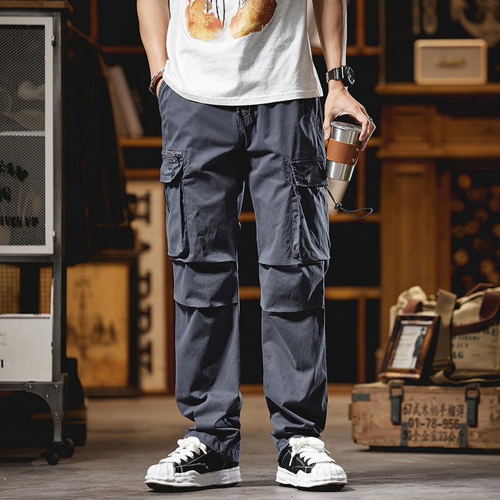 Herren Lockere Baumwoll‑Cargo‑Hose mit Tunnelzugbund, Knieabnähern und Multifunktionsklappen Drune