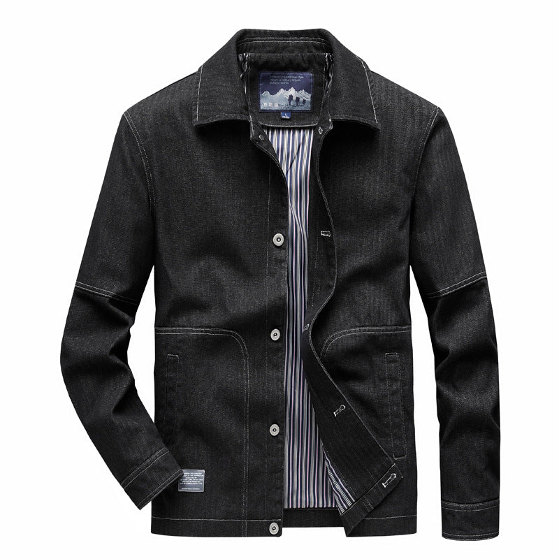 Herren Denim-Workerjacke mit geradem Schnitt, Kontrastnähten & gestreiftem Innenfutter Drune