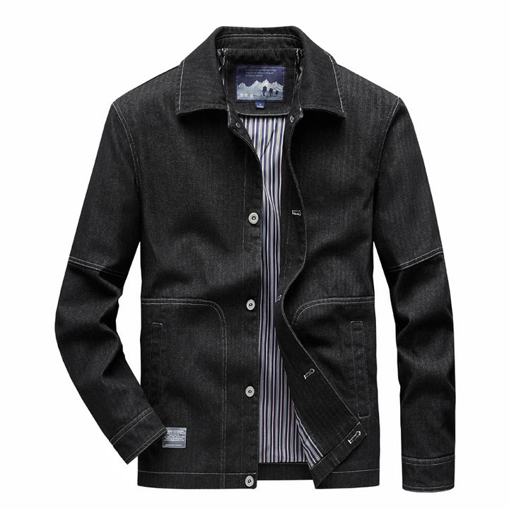 Herren Denim-Workerjacke mit geradem Schnitt, Kontrastnähten & gestreiftem Innenfutter Drune