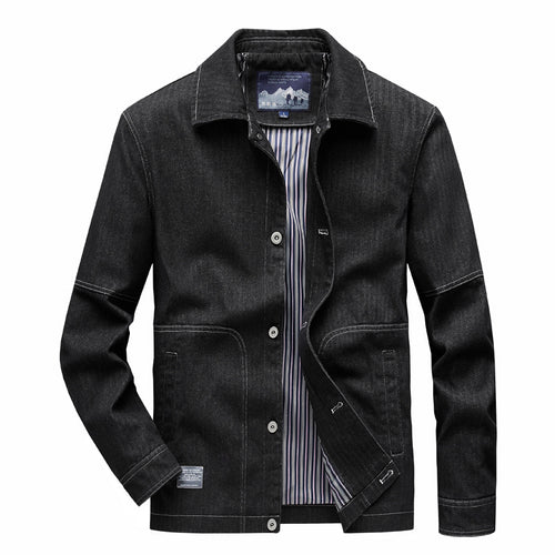 Herren Denim-Workerjacke mit geradem Schnitt, Kontrastnähten & gestreiftem Innenfutter Drune