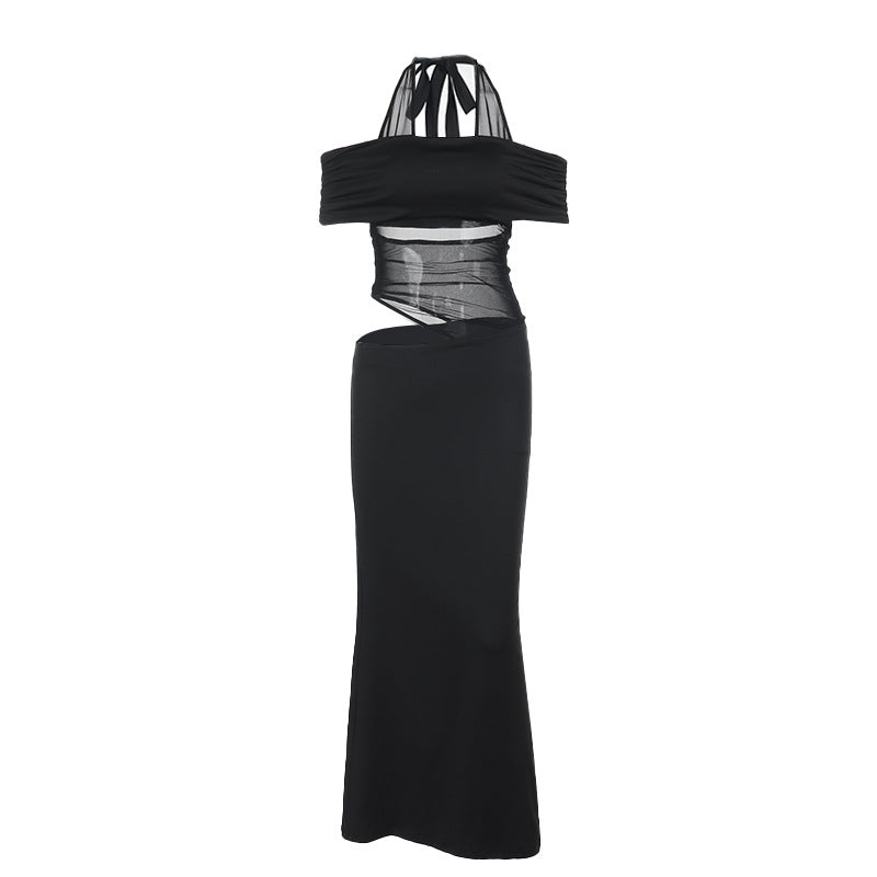Damen schulterfreies, elegantes Maxikleid mit transparenten Einsätzen und Rüschendetails Drune