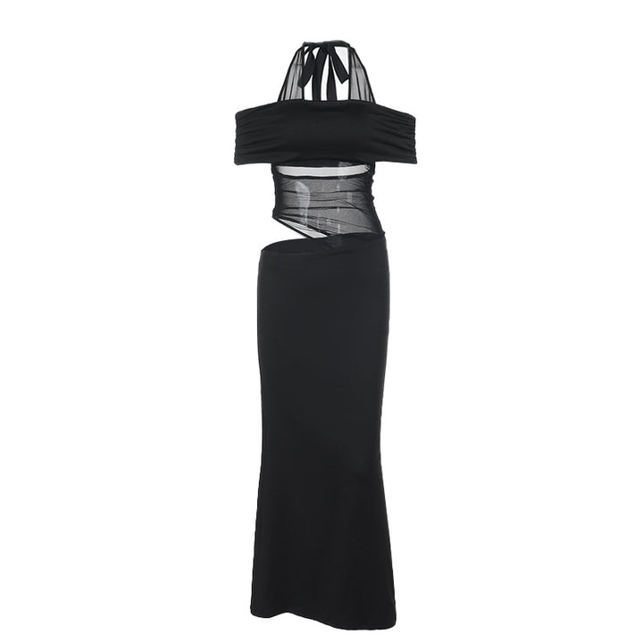 Damen schulterfreies, elegantes Maxikleid mit transparenten Einsätzen und Rüschendetails Drune