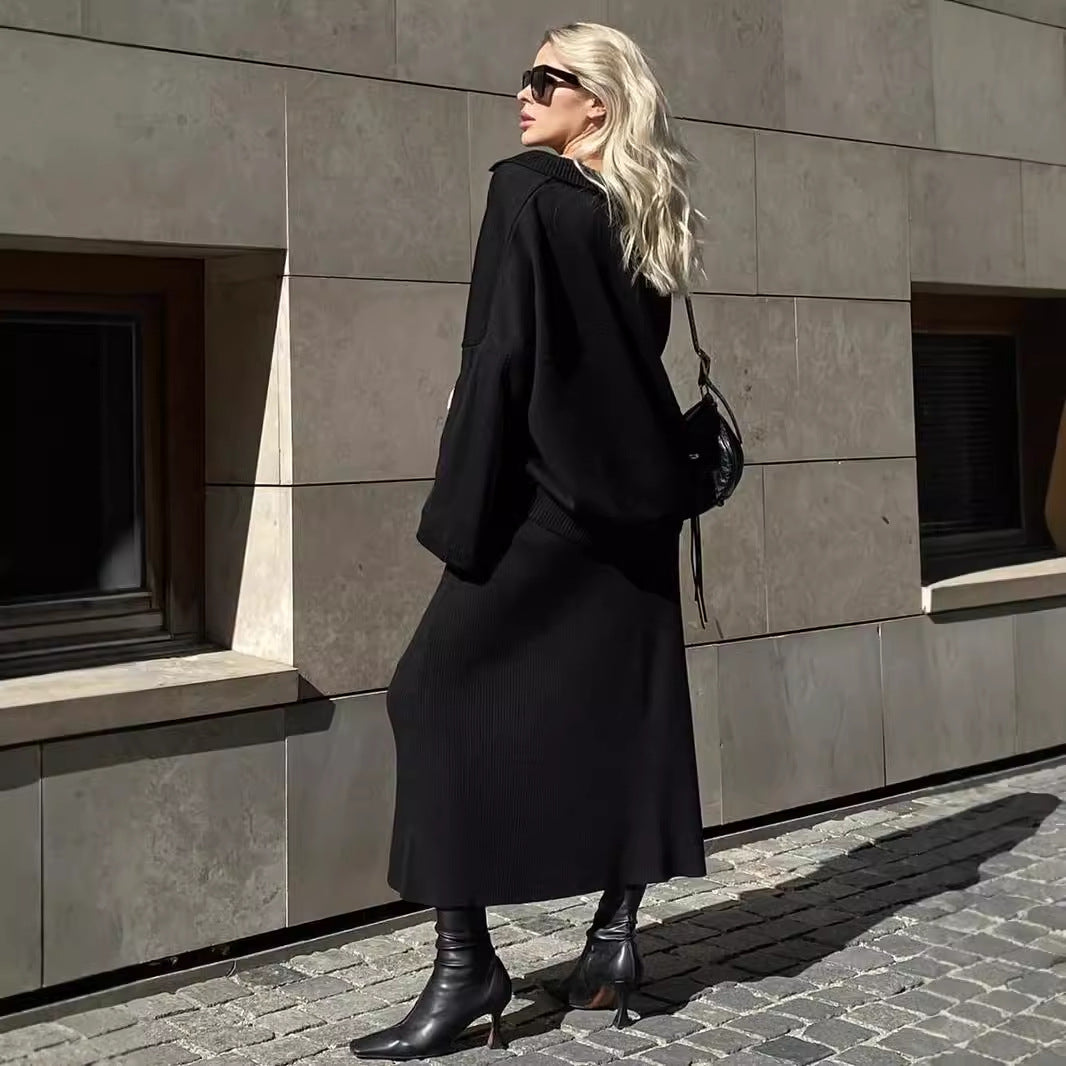 Damen Lässiger Pullover mit V-Ausschnitt und passendem Maxirock Drune
