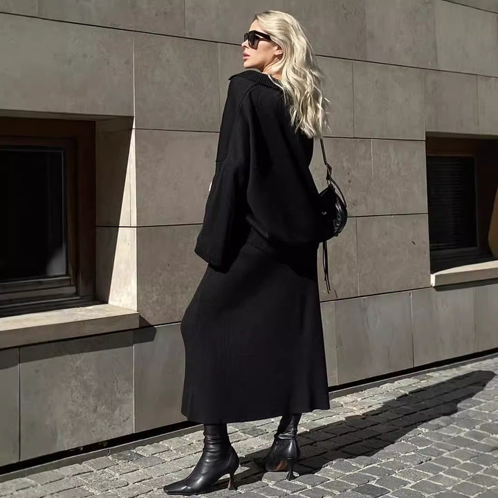 Damen Lässiger Pullover mit V-Ausschnitt und passendem Maxirock Drune