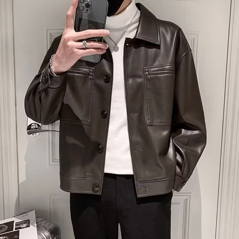 Herren Boxy Overshirt aus Lederoptik mit Hemdkragen und aufgesetzten Brusttaschen Drune