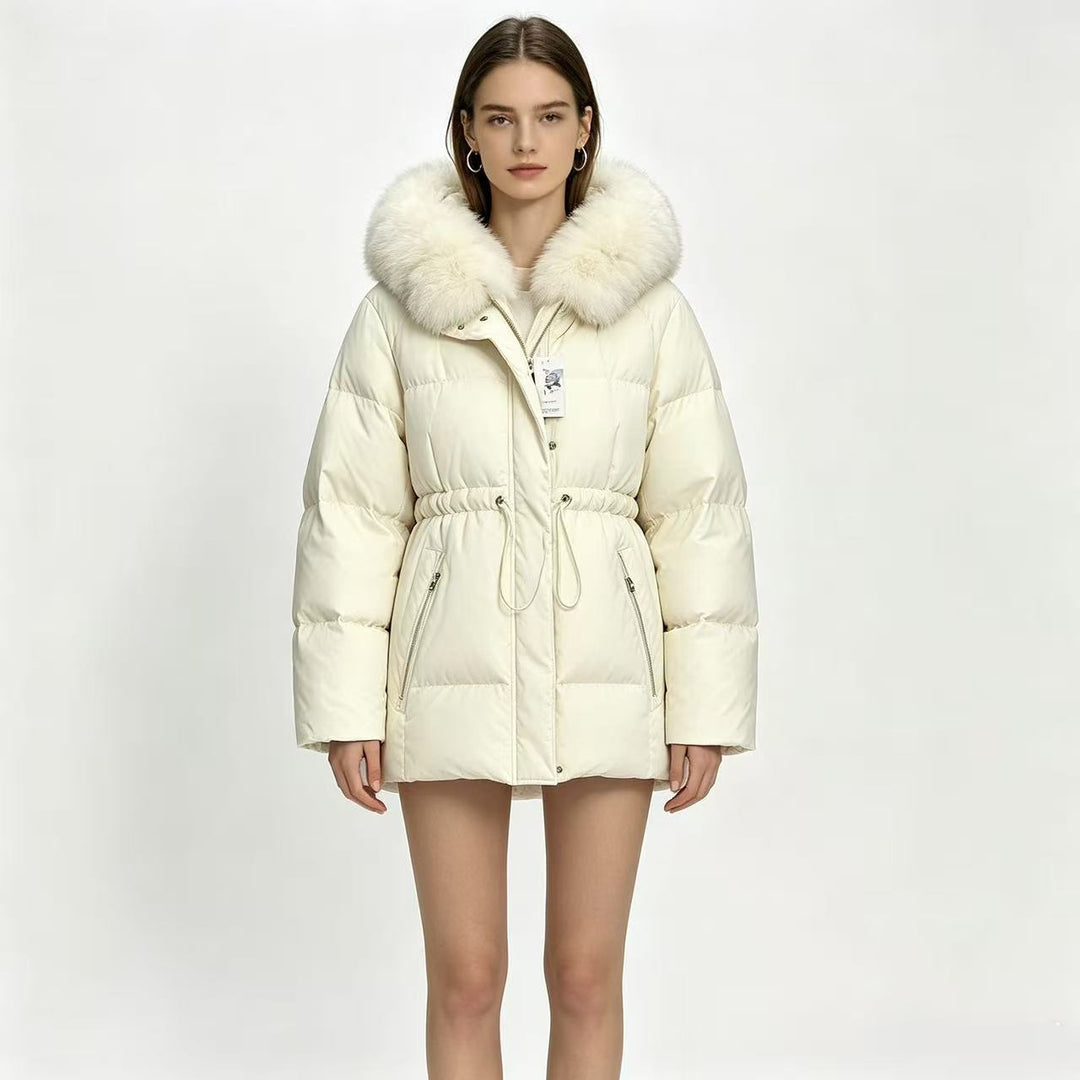 Damen nan kurze wattierte Steppjacke mit Kordelzugtaillierung und voluminösem Fellkragen Drune