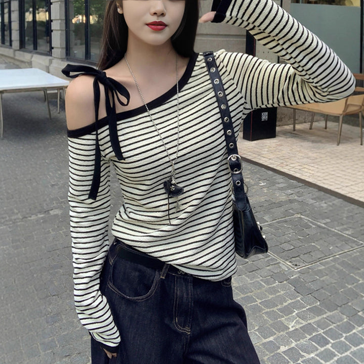 Damen schulterfreies Langarmshirt mit gestreiftem Design und dekorativen Schleifendetails Drune