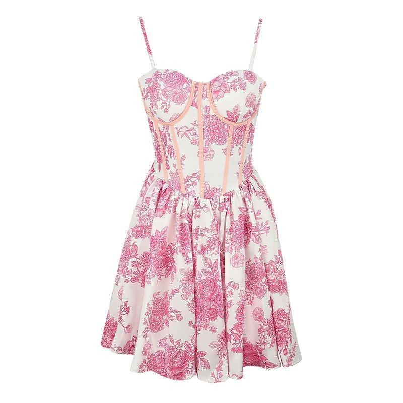 Damen Blumenkleid mit Korsett-Oberteil und schwingendem Rock Drune
