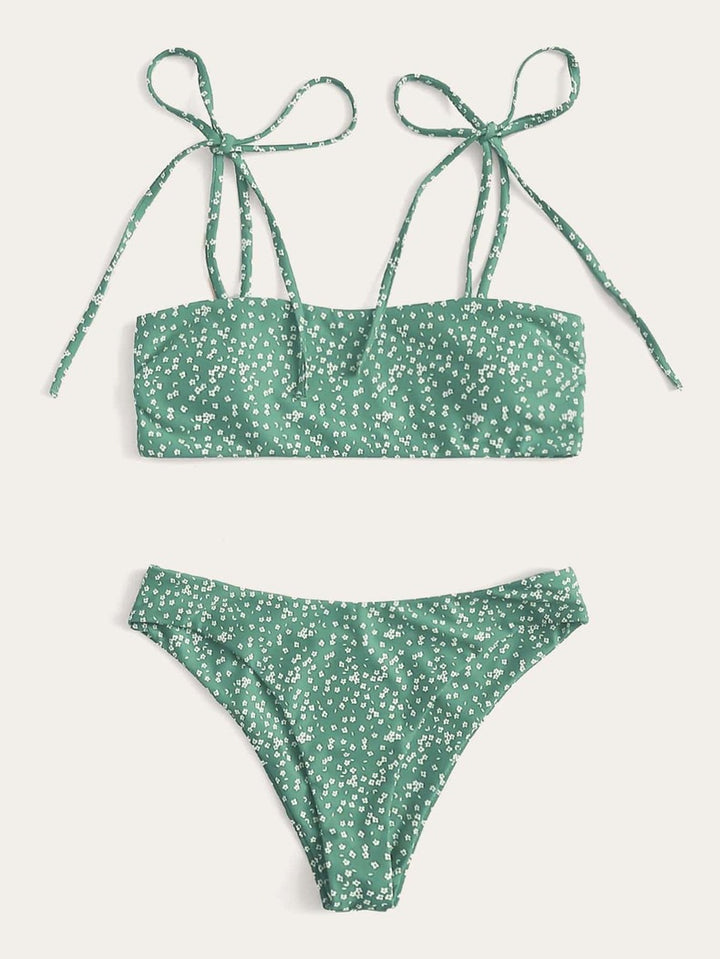 Damen Bandeau-Bikini-Set mit trendigen Schleifen und floralem Muster Drune